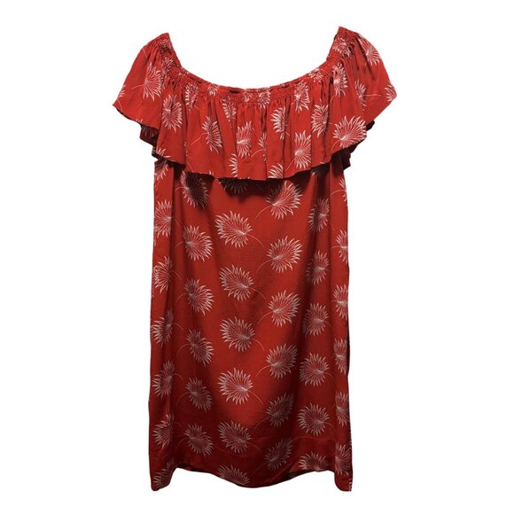 Madewell Red Off-Shoulder Palmflower Pattern Dress Size S 100% Silk - Picture 2 of 9